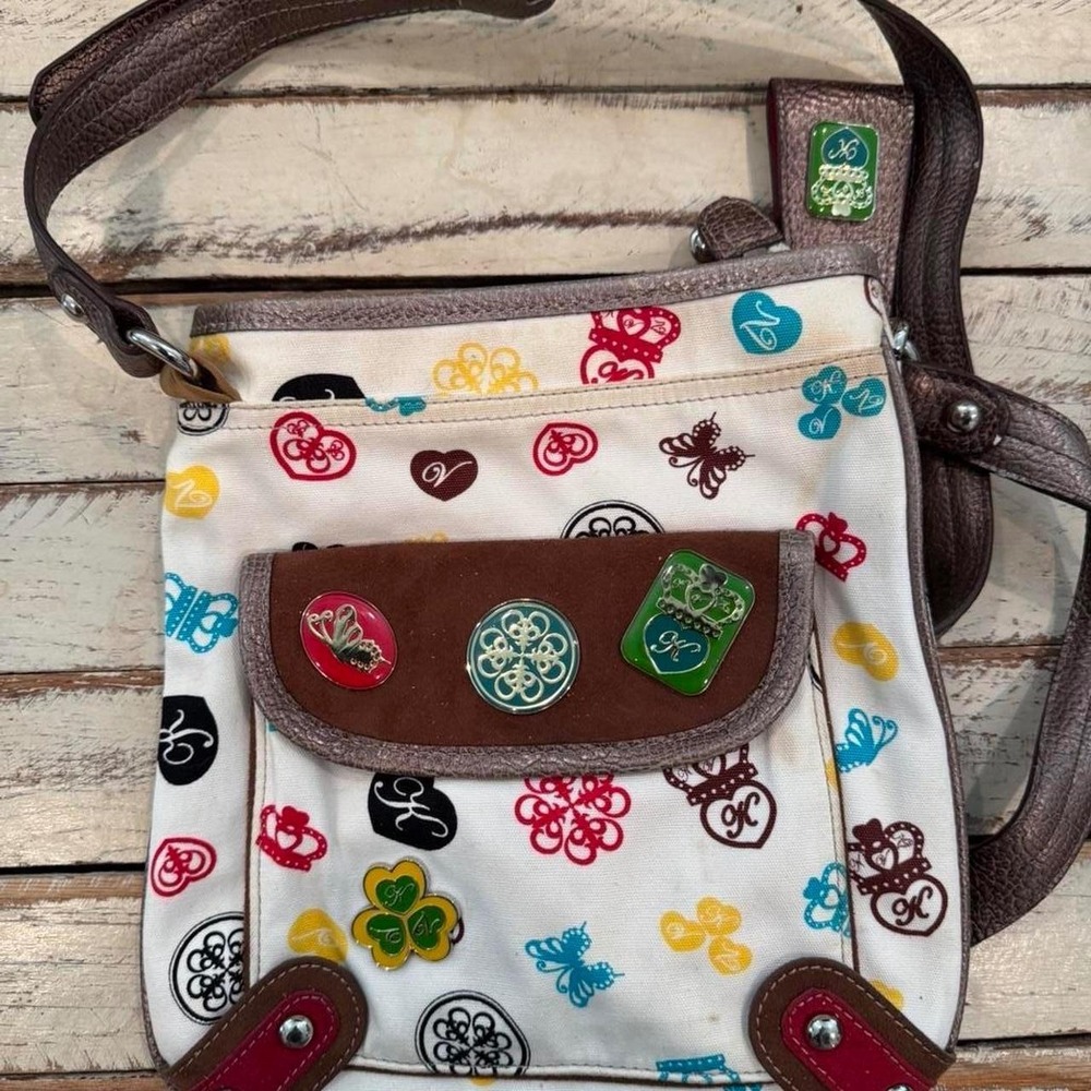 Kathy Van Zeeland Multi Color Logo Canvas Crossbody Bag with Enamel Pins Y2K